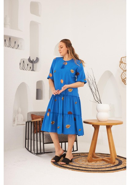 Yaka ve Nakış Detaylı Büyük Beden Elbise Indigo indirimleri