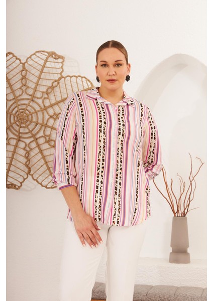 Çizgi Desenli Büyük Beden Fuşya Gömlek