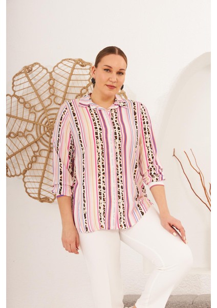 Çizgi Desenli Büyük Beden Fuşya Gömlek fiyatları