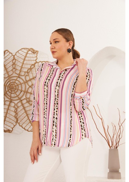 Çizgi Desenli Büyük Beden Fuşya Gömlek modelleri