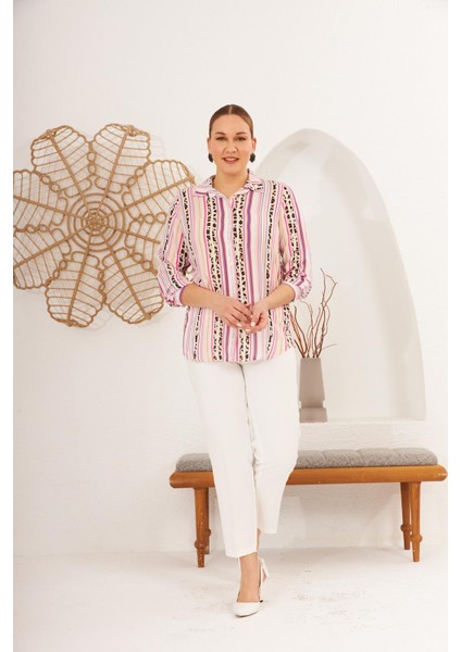 Çizgi Desenli Büyük Beden Fuşya Gömlek fırsatları