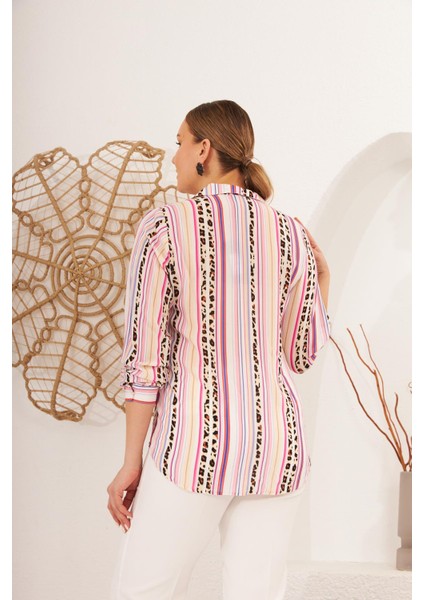 Çizgi Desenli Büyük Beden Fuşya Gömlek indirimleri