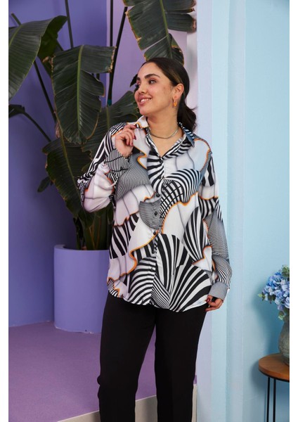 Fırfır Desenli Büyük Beden Ekru Gömlek