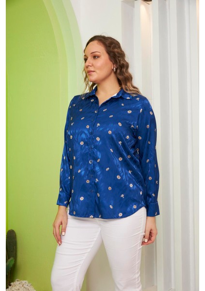 Papatya Desenli Büyük Beden Saks Gömlek modelleri