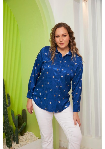 Papatya Desenli Büyük Beden Saks Gömlek fırsatları