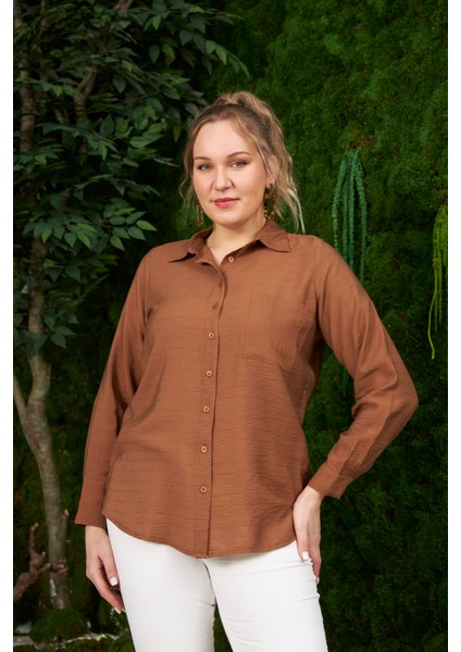 Cep Detaylı Büyük Beden Kahve Fitilli Gömlek