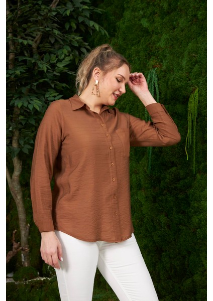 Cep Detaylı Büyük Beden Kahve Fitilli Gömlek fiyatları