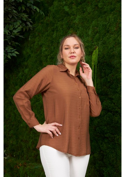 Cep Detaylı Büyük Beden Kahve Fitilli Gömlek modelleri