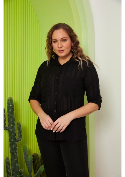 Cep ve Kol Detaylı Büyük Beden Siyah Gömlek