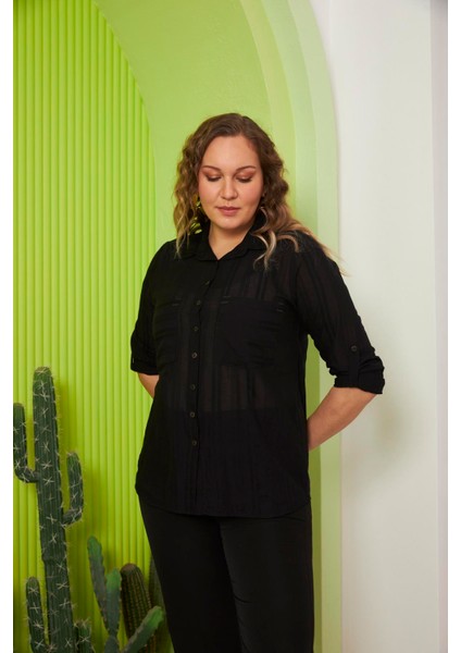 Cep ve Kol Detaylı Büyük Beden Siyah Gömlek fiyatları