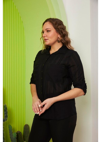 Cep ve Kol Detaylı Büyük Beden Siyah Gömlek modelleri