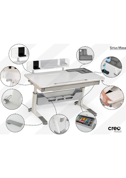 Creo Mobili Sirius Standart ,Yükseklik Ayarlı Çekmeceli Raflı Çalışma Masası  - Antrasit/gri