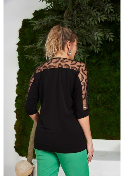 Tül Detaylı Büyük Beden Siyah Bluz indirimleri