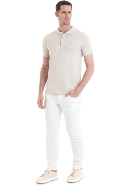 Bej Regular Fit Düz 100% Pamuklu Polo Yaka Tişört