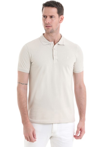 Bej Regular Fit Düz 100% Pamuklu Polo Yaka Tişört
