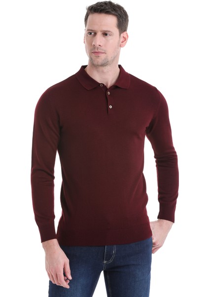 Bordo Regular Fit Düz Polo Yaka Triko Kazak