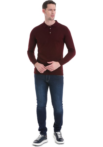 Bordo Regular Fit Düz Polo Yaka Triko Kazak fiyatları