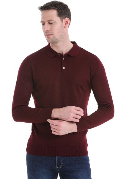 Bordo Regular Fit Düz Polo Yaka Triko Kazak fırsatları