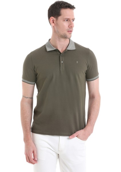 Haki Regular Fit Düz 100% Pamuklu Polo Yaka Tişört