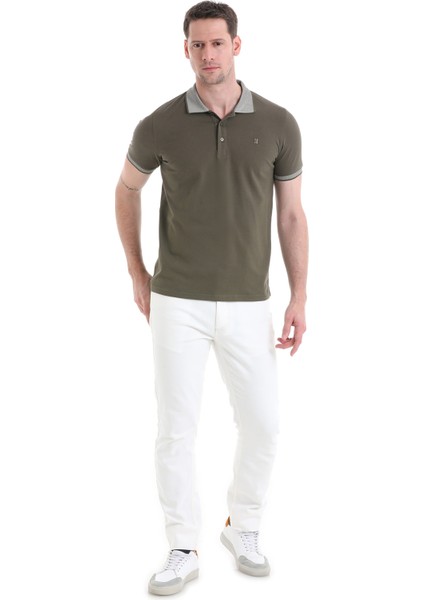Haki Regular Fit Düz 100% Pamuklu Polo Yaka Tişört