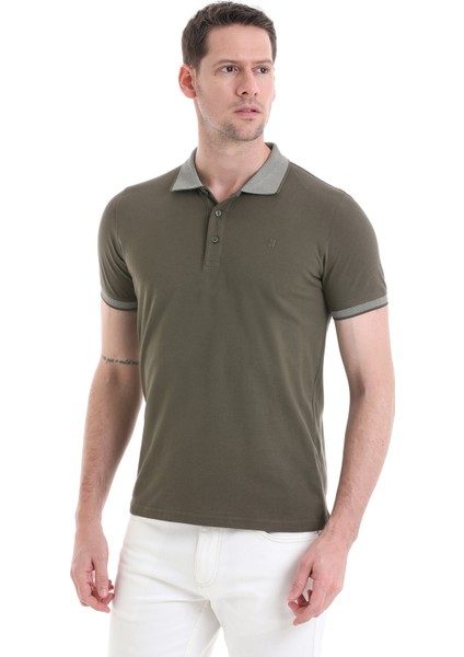 Haki Regular Fit Düz 100% Pamuklu Polo Yaka Tişört