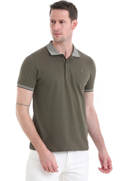 Haki Regular Fit Düz 100% Pamuklu Polo Yaka Tişört