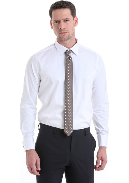 Beyaz Comfort Fit Düz 100% Pamuklu Slim Yaka Manşetli Uzun Kollu Saten Klasik Gömlek