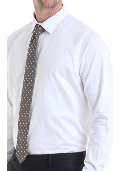 Beyaz Comfort Fit Düz 100% Pamuklu Slim Yaka Manşetli Uzun Kollu Saten Klasik Gömlek