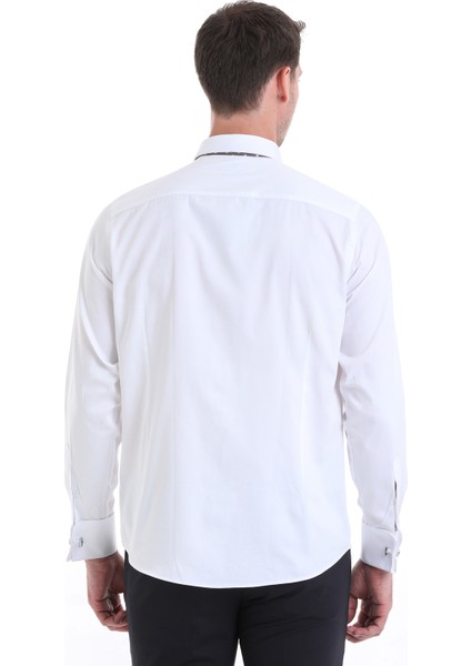 Beyaz Comfort Fit Düz 100% Pamuklu Slim Yaka Manşetli Uzun Kollu Saten Klasik Gömlek