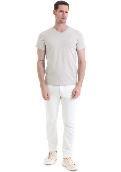 Ekru Regular Fit Düz 100% Pamuklu V Yaka Tişört fiyatları