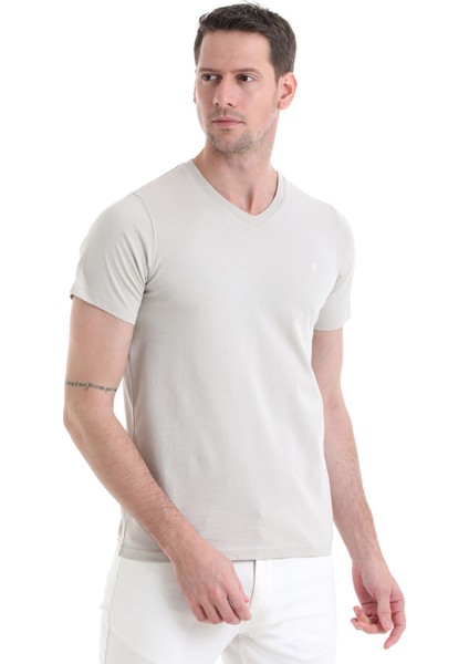 Ekru Regular Fit Düz 100% Pamuklu V Yaka Tişört fırsatları