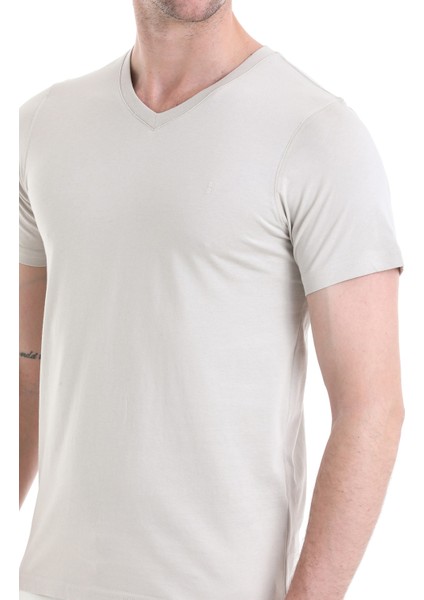 Ekru Regular Fit Düz 100% Pamuklu V Yaka Tişört indirimleri