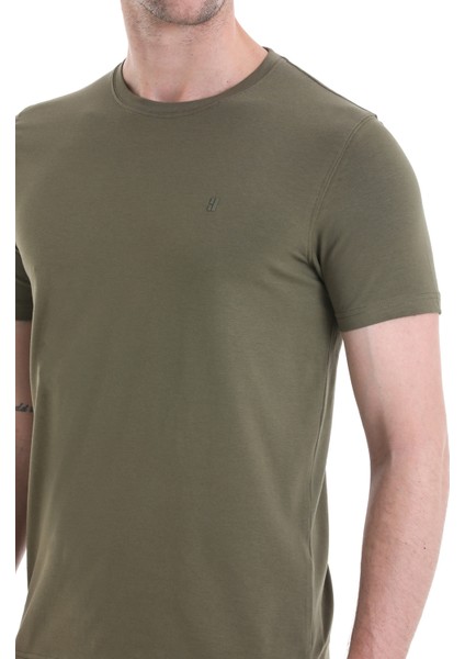 Haki Regular Fit Düz Pamuklu Bisiklet Yaka Triko Tişört indirimleri