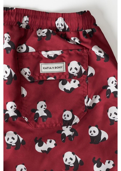 Panda Desen Erkek Deniz Şortu Bordo