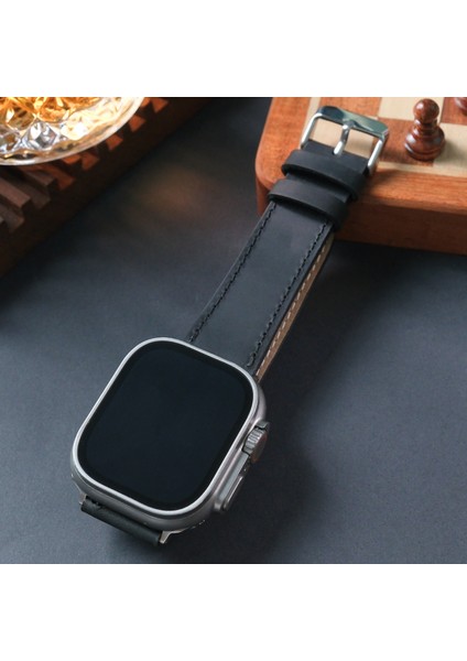 Apple Watch Uyumlu Deri Kordon 42 / 44 / 45 / 49 mm Ultra Ultra 2 Seri 9 8 7 6 5 4 3 Uyumlu Hakiki Deri Kayış Siyah