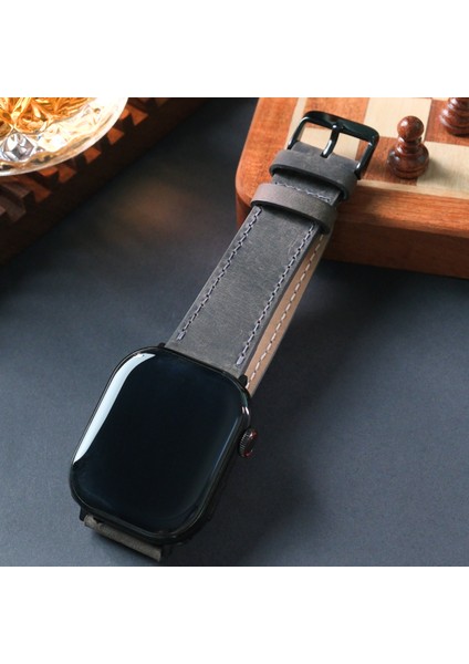 Apple Watch Uyumlu Deri Kordon 42 / 44 / 45 / 49 mm Ultra Ultra 2 Seri 9 8 7 6 5 4 3 Uyumlu Hakiki Deri Kayış Gri