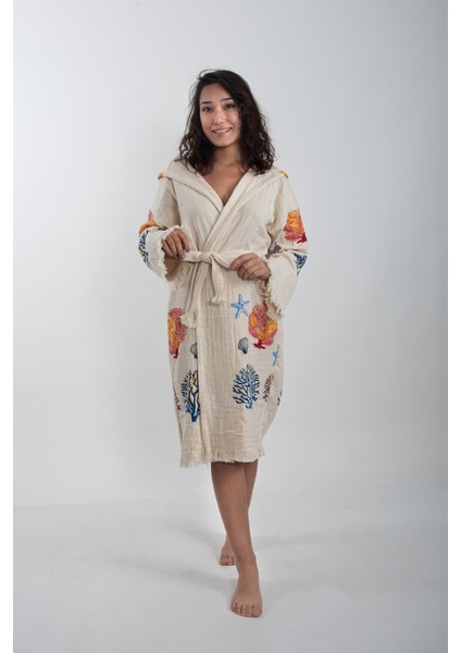 Reina Teks Peştemal Bornoz Pamuklu Plaj Karışık Mercan Deniz Yıldızı Desen 1ADET Unisex Beachwear Kimono Kaftan