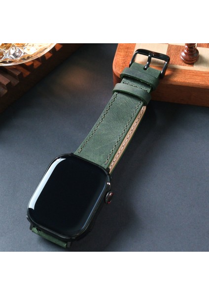 Apple Watch 42 / 44 / 45 / 49 mm Ultra Ultra 2 Seri 9 8 7 6 5 4 3 Uyumlu Hakiki Deri Kayış Yeşil Deri Kordon