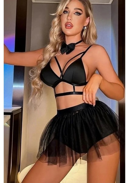 Kadın Siyah Papyonlu Costplay Clup Party Fantazi Püsküllü Elbise Takım Gecelik K-8108