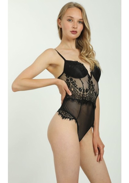 Kadın Siyah Tül Dantel Işlemeli Babydoll B-6003