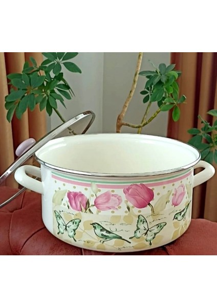 Pembe Lale Emaye Vintage Tencere 7 Litre Büyük Boy 28 Cm Çap Süt Yoğurt Spagetti Tenceresi