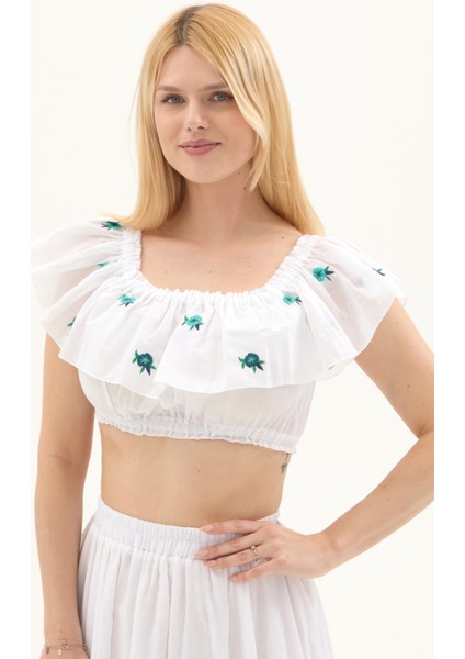 Beyaz Vual Nakışlı Yazlık Crop Bluz modelleri