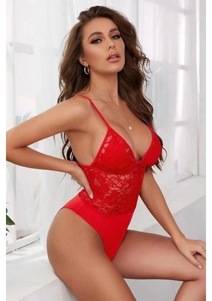 Kırmızı Yılbaşı Gecelik Dantel Detaylı  Babydoll B-6019