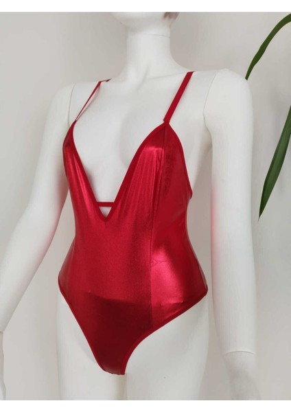 Kadın Kırmızı Lame Deri Clup Party Bodysuit Gecelik D-7009