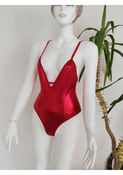 Kadın Kırmızı Lame Deri Clup Party Bodysuit Gecelik D-7009