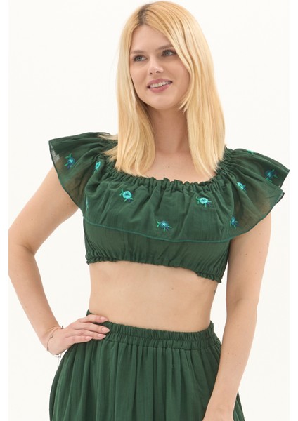 Yeşil Vual Nakışlı Yazlık Crop Bluz