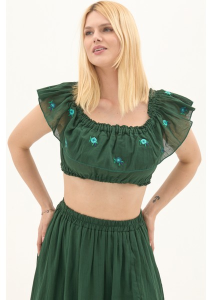 Yeşil Vual Nakışlı Yazlık Crop Bluz fiyatları