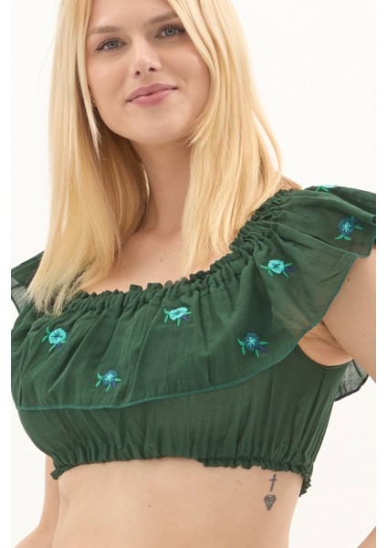 Yeşil Vual Nakışlı Yazlık Crop Bluz modelleri