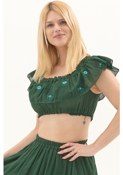 Yeşil Vual Nakışlı Yazlık Crop Bluz fırsatları