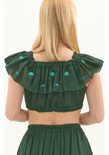 Yeşil Vual Nakışlı Yazlık Crop Bluz indirimleri